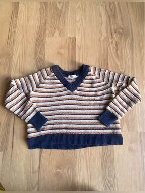 Madewell Striped V-Neck Sweater in Navy, Cream, and Rust